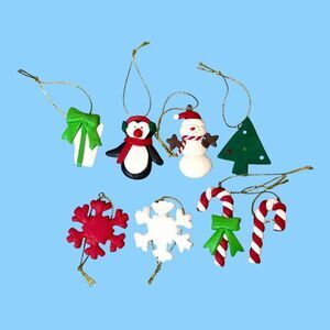 Set 8 Polymer Clay Christmas Ornaments Tree Snowman Candy Cane Penguin Snowflake